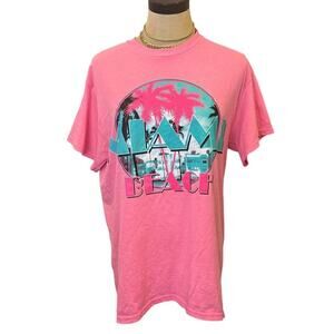 MIAMI BEACH Neon Pink Teal Graphic Tee T-Shirt Unisex size M